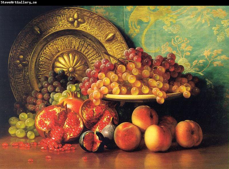 George Henry Hall Figs, Pomegranates, Grapes and Brass Plate